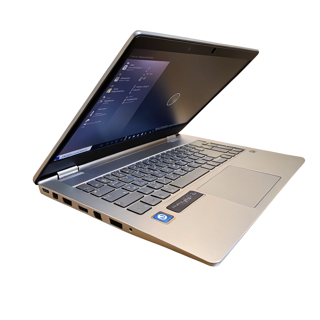 A silver laptop partially open, showing its keyboard, trackpad, and screen with a system settings window displayed